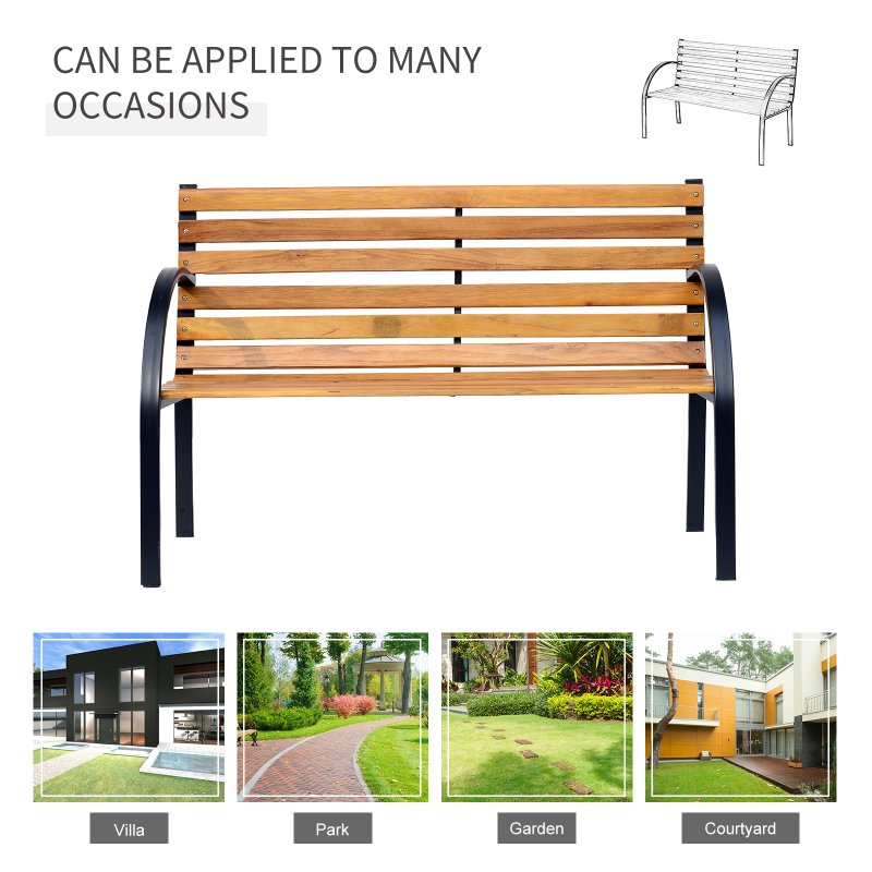 Outsunny Wooden Garden Bench Park Chair 2 Seater Love Seat Chair Outdoor Patio Porch Furniture w/ Sturdy Steel Frame