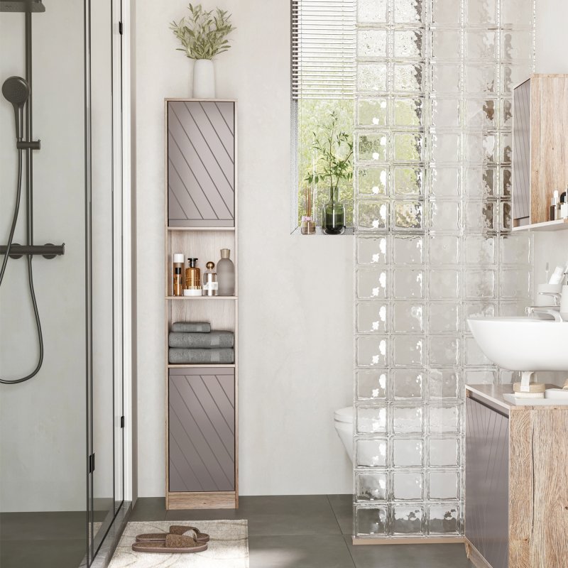 HOMCOM Narrow Bathroom Cabinet, Slim Bathroom Storage Unit with Open Compartment, Freestanding Storage Cupboard with Adjustable Shelves for Small Spaces, 30 x 24 x 170 cm