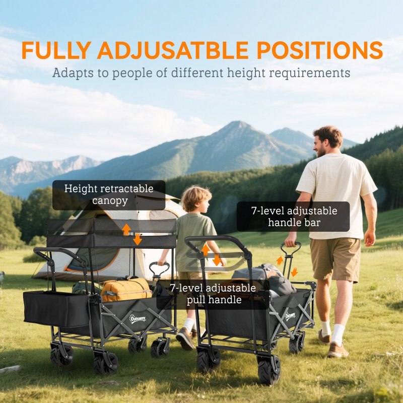 Outsunny 120L Festival Trolley on Wheels, Folding Camping Trolley Cart with Removable Canopy, All-Terrain Wheels, Adjustable Handle and Side Pockets for Garden Beach Fishing Shopping, Black