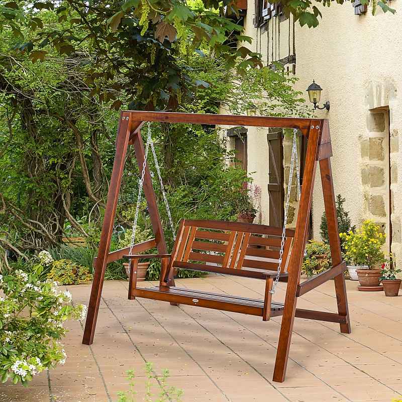 Outsunny 2 Seater Outdoor Garden Swing Chair Wooden Hammock Bench for Porch Patio Yard