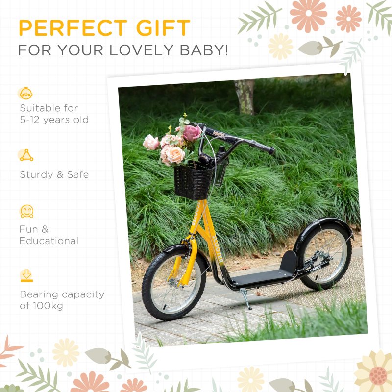 HOMCOM Kids Scooter, Kick Stunt Scooter with Adjustable Handlebar, Dual Brakes, Basket, Cupholder, Mudguard, 16