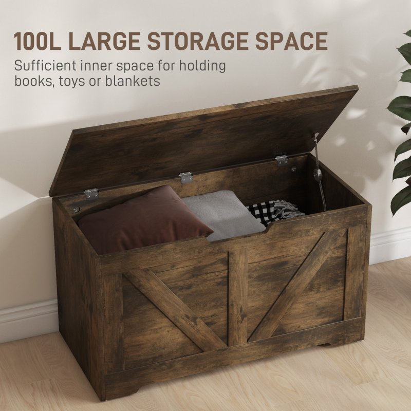 HOMCOM 100L Storage Chest, Storage Trunk with 2 Safety Hinges and U-shaped Cut-out Pull, Organiser Box for Living Room, Entryway, 80 x 40 x 45 cm, Rustic Brown