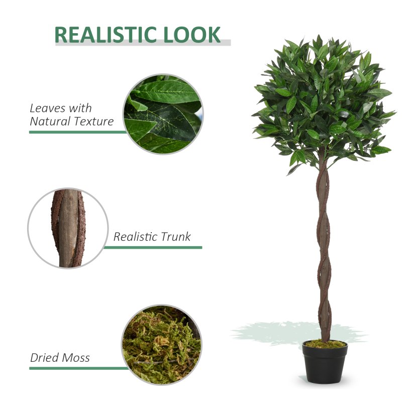 Outsunny Artificial Bay Laurel Topiary Trees w/ Pot Fake, Set Of 2 120cm/4FT Indoor Outdoor Greenery Plant Home Office Garden Decor Green