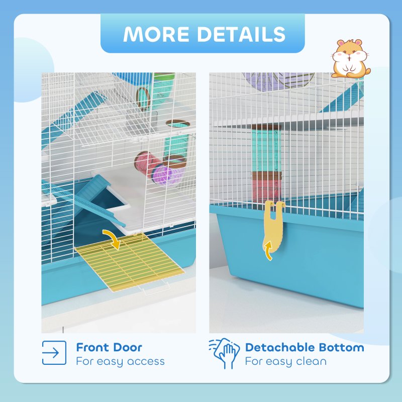 PawHut 4 Tier Hamster Cage with Tube, Exercise Wheel, Hut, Water Bottle, Food Dish, Ramps, DIY Design, Large Hamster Cage for Dwarf, Light Blue