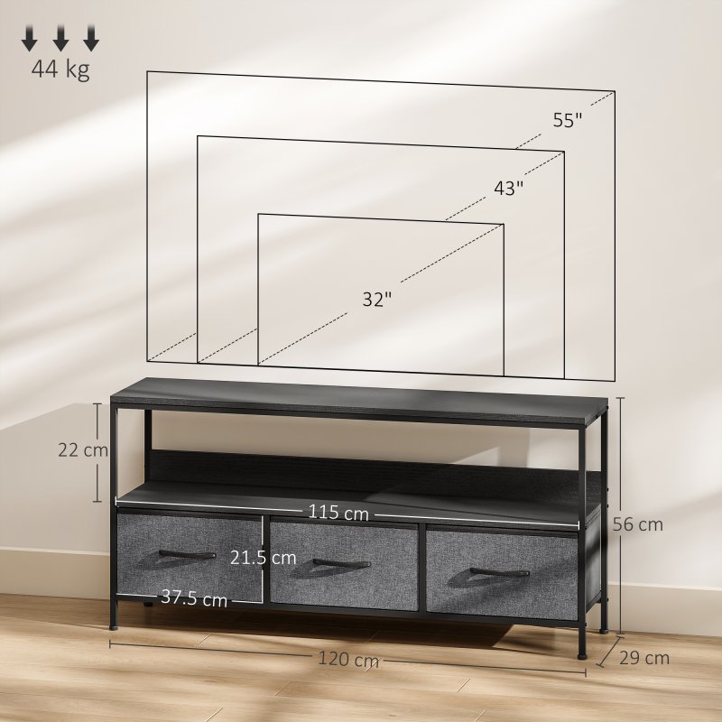 HOMCOM TV Stand Cabinet up to 55-inch, TV Unit with 3 Foldable Linen Drawers, Open Shelf for Living Room, Bedroom, Entertainment Room, Black