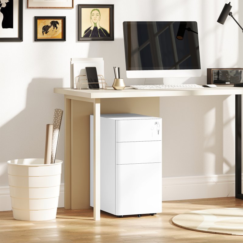 Vinsetto 3-Drawer Mobile Filing Cabinet, Steel Lockable File Cabinet for A4, Legal, Letter, Compact Under Desk Storage Unit with Pre-Assembled Body for Home Office, 30 x 45 x 59cm, White