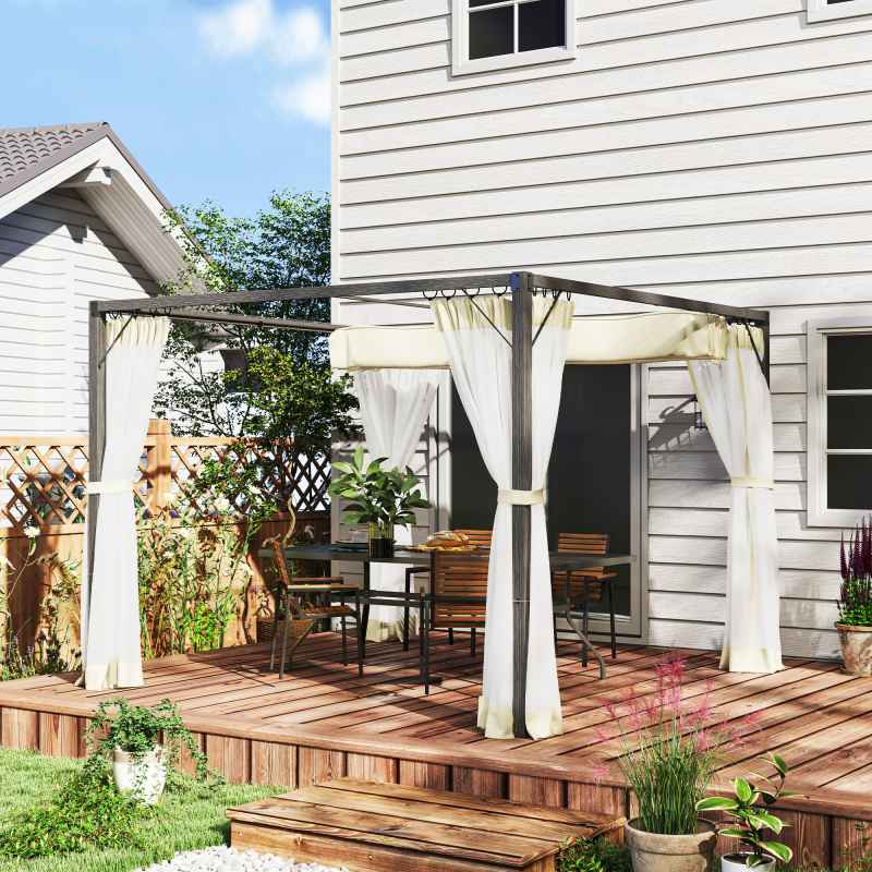 Outsunny 3 x 3 m Pergola with Retractable Roof Canopy and Netting Sidewalls, Aluminium Frame Garden Gazebo Outdoor Sun Shade Shelter for Grill, Patio, Deck, Khaki