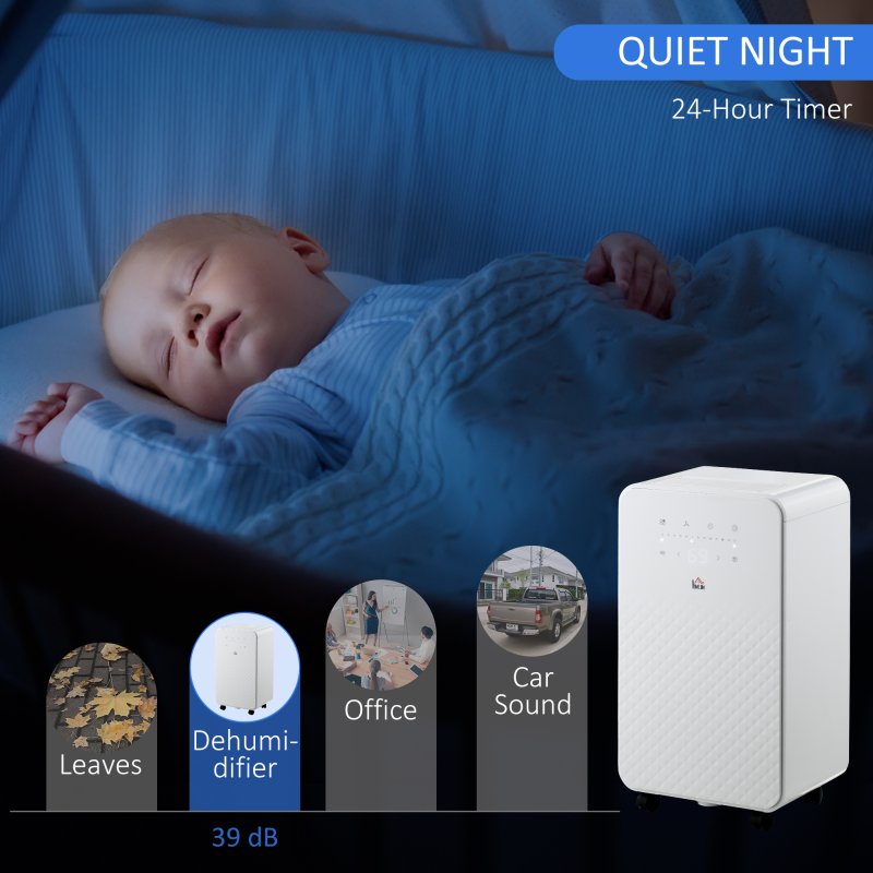 HOMCOM 10L/Day 2000mL Portable Quiet Dehumidifier with Air Purifier Filter, 24H Timer, 5 Modes, Electric Moisture Air Dehumidifier for Home Laundry Basement, White