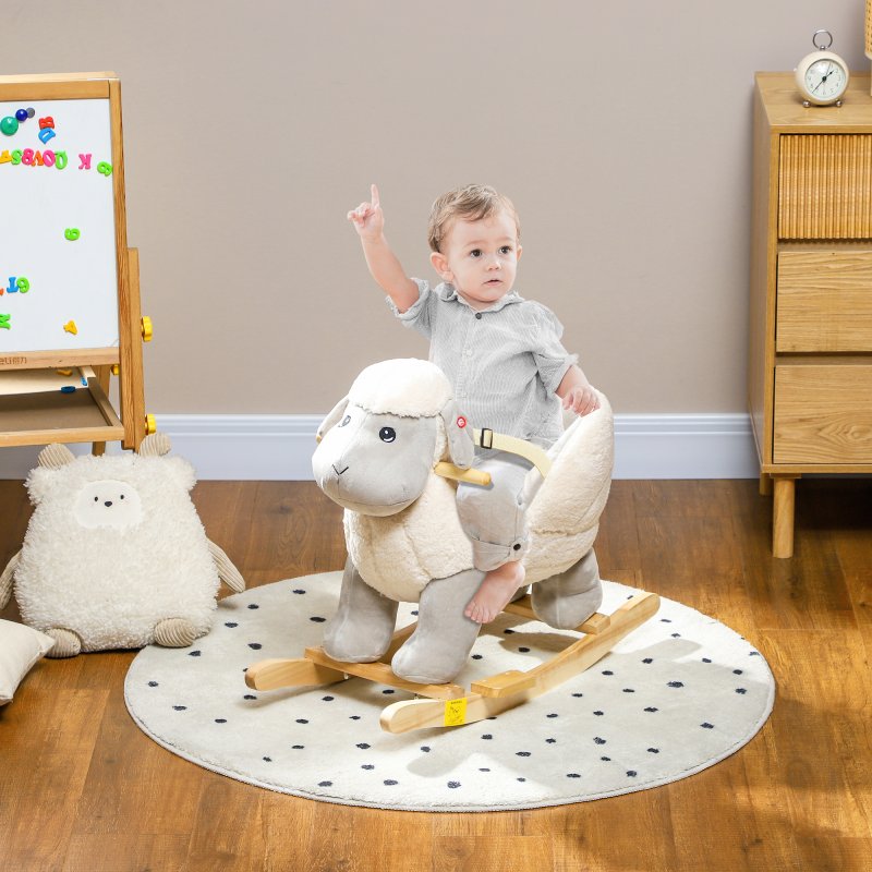 AIYAPLAY Rocking Horse, Kids Ride on Horse, Rocking Animal, Plush Ride on Lamb with Safety Belt, Sound, for Ages 18-36 Months, Grey