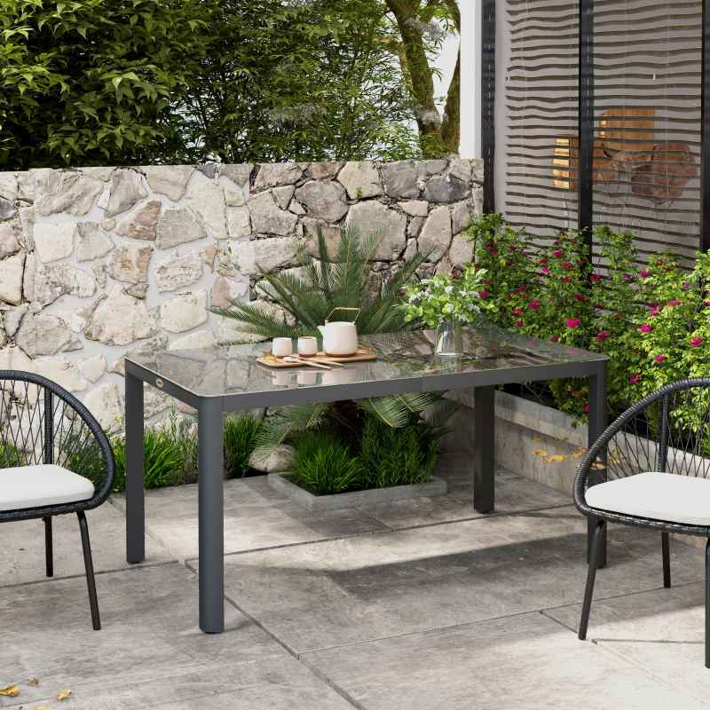 Outsunny Outdoor Dining Table for 6 People, 150 x 88 cm Rectangular Garden Table with Aluminium Frame, Tempered Glass Top and Height-Adjustable Feet for Balcony, Porch, Terrace, Grey