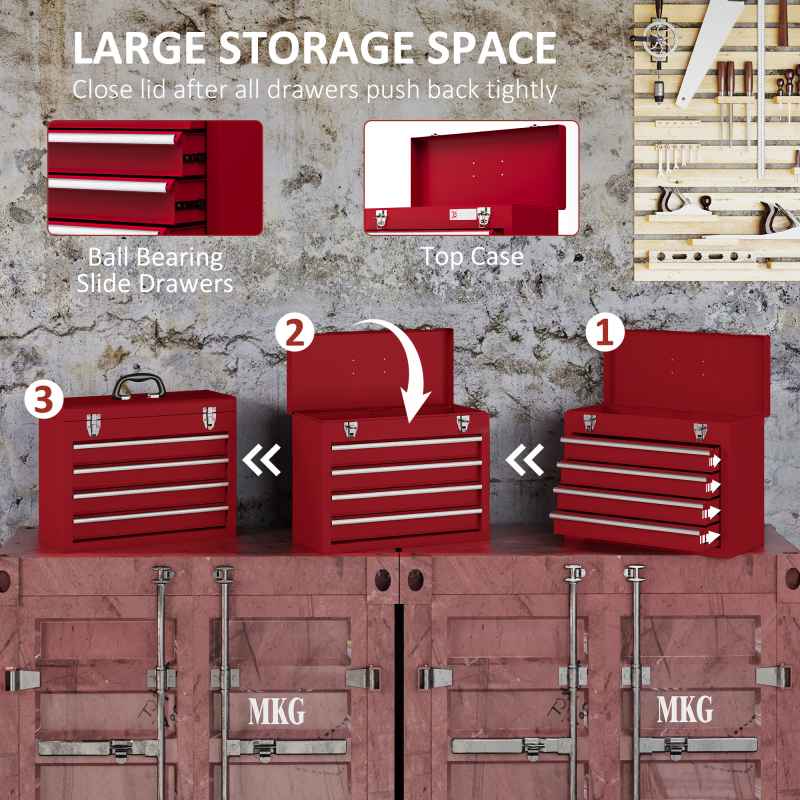 DURHAND 4 Drawer Tool Chest, Lockable Metal Tool Box with Ball Bearing Runners, Portable Toolbox, 510mm x 220mm x 395mm, Red