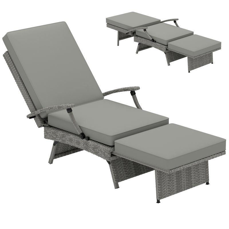 Outsunny Outdoor PE Rattan Recliner Chair with Cushion, Foldable Design Garden Recliner Chair with Retractable Footrest and Adjustable Back with 80 Degree Recline