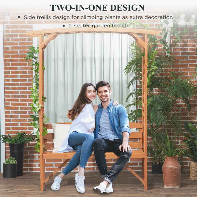 Outsunny Garden Bench, Arch Pergola with Natural Wooden Garden Arbour with Seat for Vines/Climbing Plants for Outdoor Space, Brown