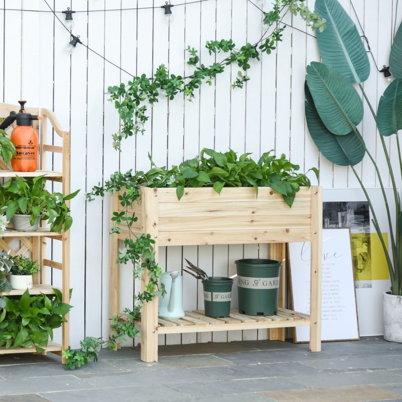 Outsunny Wooden Raised Garden Bed Plant Stand Outdoor Tall Flower Bed Box with Clapboard, Nature Wood Color 100 x 40 x 84cm
