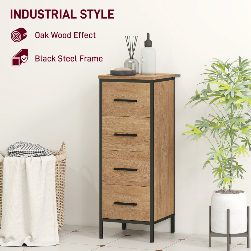 HOMCOM Narrow Bathroom Storage Cabinet, Industrial Slim Bathroom Storage Unit with 4 Drawers and Steel Frame for Small Spaces, 30 x 30 x 82 cm, Oak