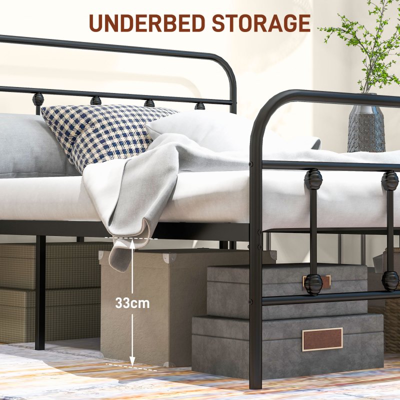HOMCOM 4ft6 Double Bed Frame with Underbed Storage, Metal Platform Bed frame with Tall Headboard, Footboard and Steel Slat Support, No Box Spring Needed, Easy Assembly, Black
