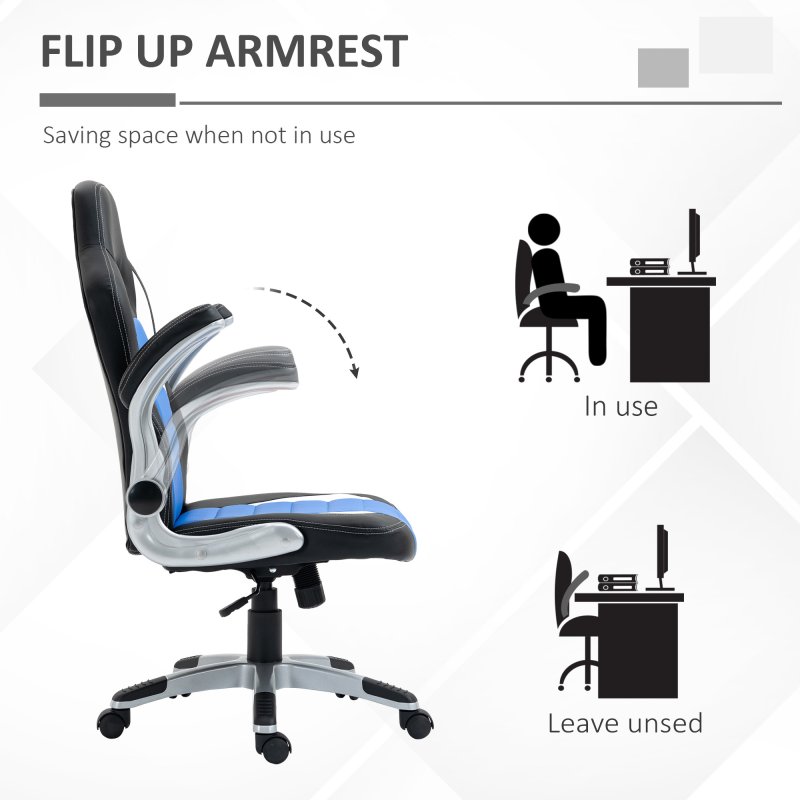 HOMCOM Computer Gaming Chair, Office Desk Swivel Chair, PU Leather Racing Chair with 90?? Flip-up Armrest, Adjustable Height and Rolling Wheels, Blue