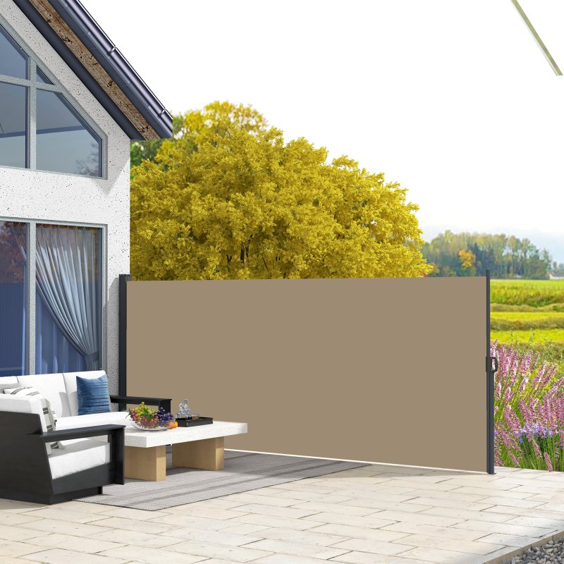 Outsunny Retractable Side Awning, Garden Privacy Screen Divider, Full Cassette Wind Breaker for Hot Tub, Balcony, Terrace, Pool, 400 x 160cm, Khaki