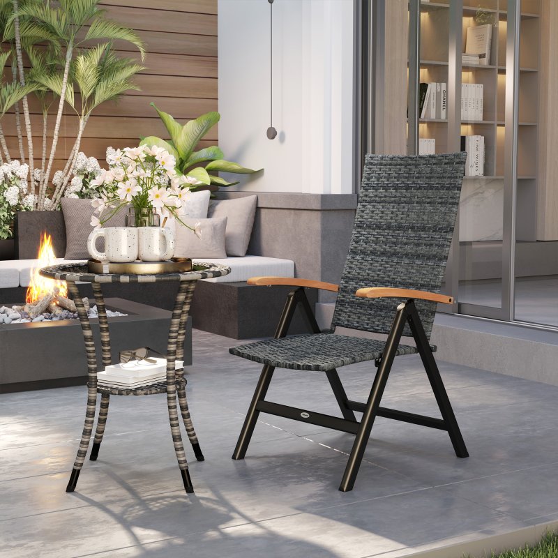 Outsunny Outdoor Folding Dining Chair, PE Rattan Chair with Armrests, High Backrest, for Garden, Camping, Balcony, Porch, Mixed-grey