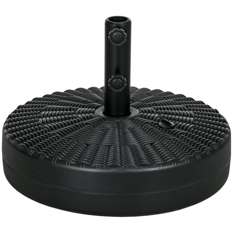 Outsunny Garden Parasol Base with Rattan Effect, 22kg Water or 29kg Sand Filled, Heavy Duty HDPE Umbrella Stand, Fillable Parasol Stand for 38mm, 48mm Poles, Black