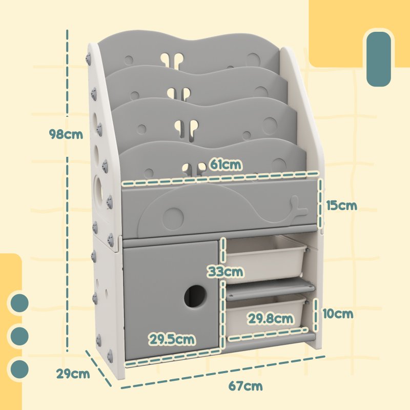 AIYAPLAY Kids Storage Units, Toy Organiser with 2 Storage Boxes, 4 Tier Bookshelf, Cabinet, for Playroom, Bedroom, Kid Room, Living Room, 67 x 29 x 98cm, Light Grey