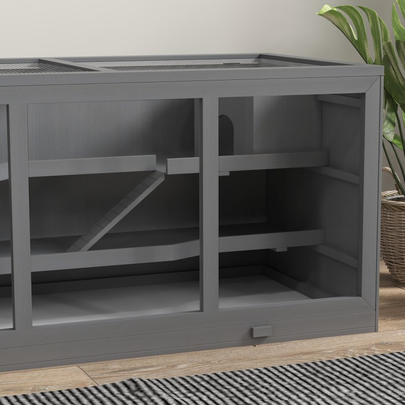 PawHut Wooden Hamster Cage, Small Animals Hutch with Tray, Openable Top, Exercise Run, Grey