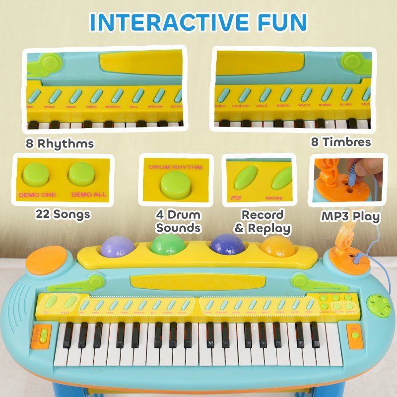 AIYAPLAY Kids Piano, 37 Keys Electronic Keyboard, Children Grand Piano with Microphone, Stool, LED Light, Record & Play Function, Musical Instrument for Kids Ages 3-6 Years, Blue