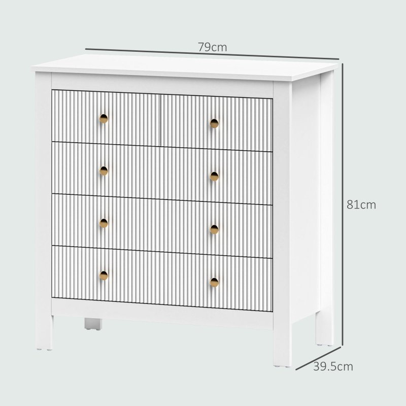 HOMCOM Bedroom Chest of Drawers, Fluted 5 Drawer Dresser with Gold Tone Handles for Living Room, Hallway, Entryway, 79 x 39.5 x 81cm, White