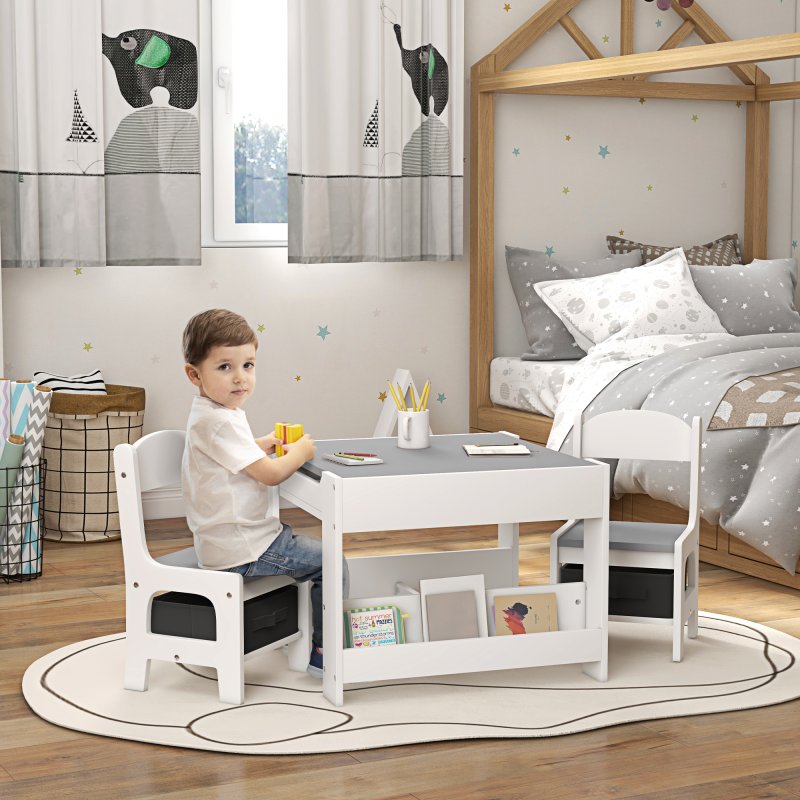 HOMCOM 3 Piece Kids Table and Chair Set, 3 in 1 Design Kids Desk and Chair Set with Blackboard, Storage, Bookshelves, for Nursery, Playroom, Classroom - Grey