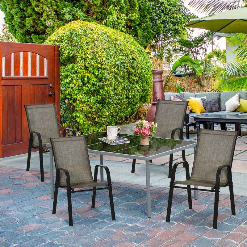 Outsunny 4 Pieces Garden Chairs, Stackable Outdoor Chairs with High Backrest and Armrest, Breathable Mesh Fabric Dining Chair Set of 4, Mixed Brown