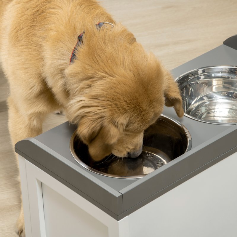 PawHut Stainless Steel Raised Dog Bowls, Double Dog Food and Water Bowl w/ 21L Storage Drawer, for Large Dogs - White