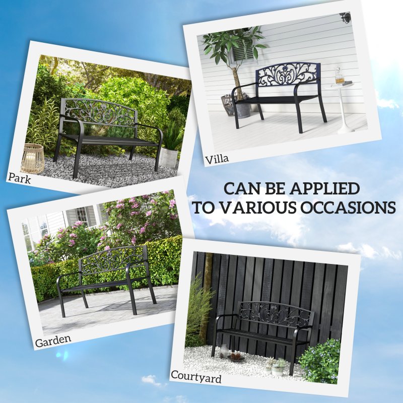 Outsunny Garden Bench, 2 Seater Metal Outdoor Bench Seat, Patio Loveseat with Armrests, Floral Backrest and Slatted Seat, 240 KG Capacity for Park, Porch, Black