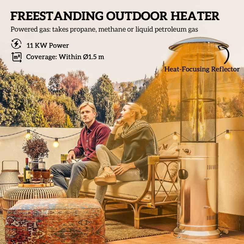 Outsunny 11 KW Freestanding Gas Patio Heater, Adjustable Outdoor Garden Propane Heater with Tip-Over Switch, Wheels, Pulse Ignition, Tank Room with Openable Door, Silver Tone