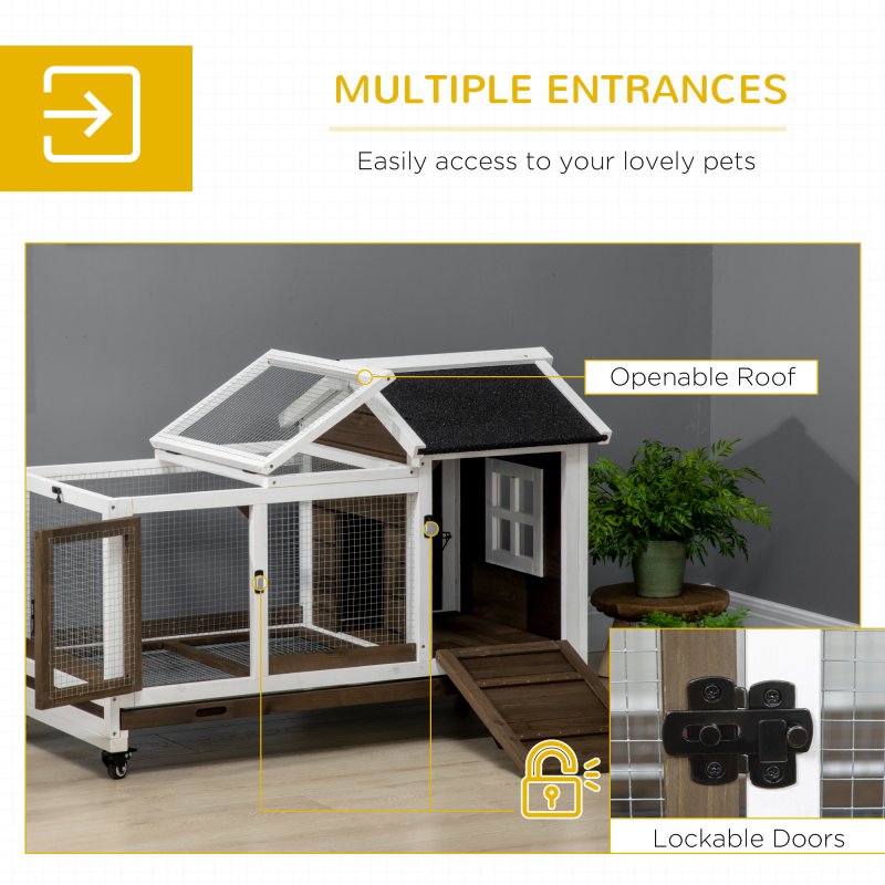PawHut Wooden Rabbit Hutch with Wheels, Guinea Pig Cage, Small Animal House for Outdoor & Indoor with Slide-out Tray, 108 x 58 x 73.5cm, Brown