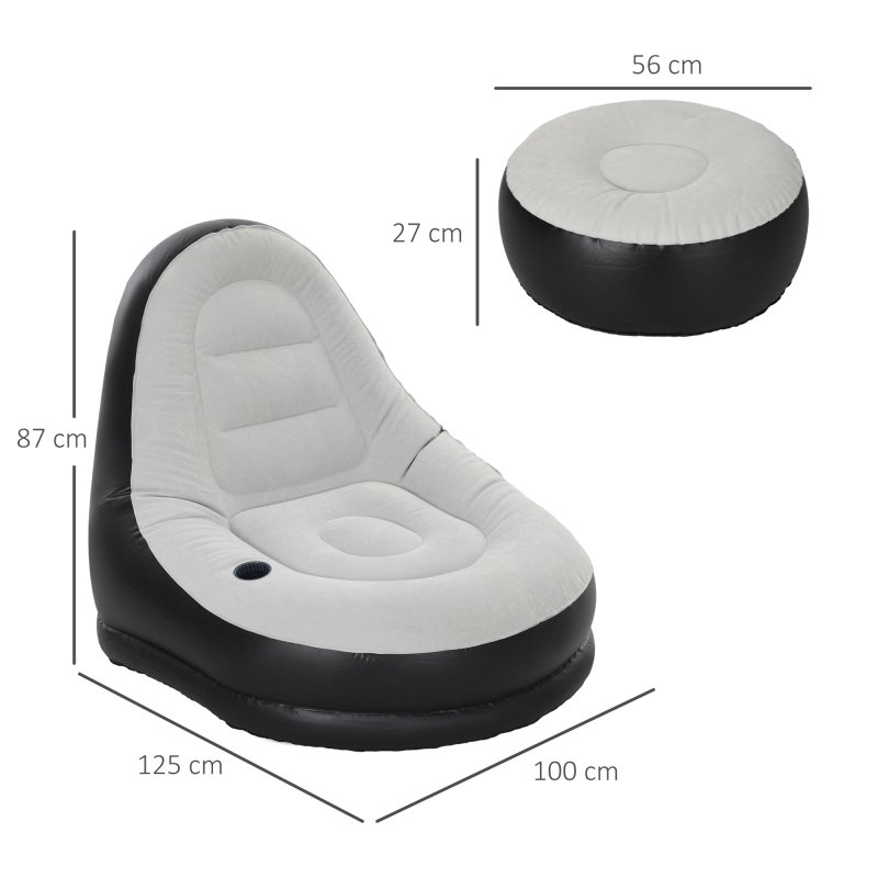 Outsunny Inflatable Chair and Footstool, Inflatable Sofa Lounger with Soft Plush Fabric and Cup Holder, for Camping, Gaming, Reading and Movie Watching, Grey