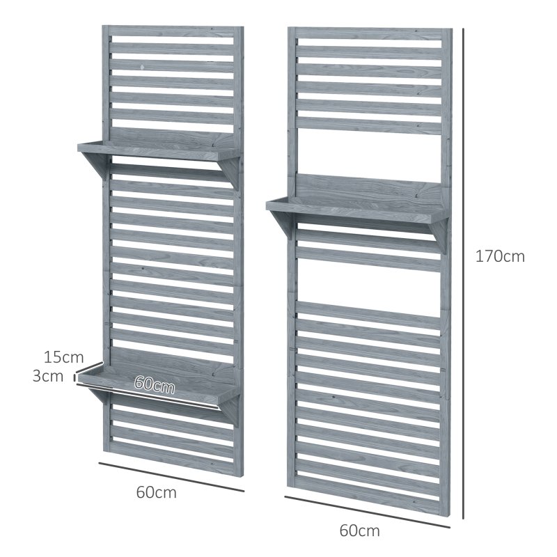 Outsunny Set of 2 Wall Mounted Plant Stand with Trellis, 170cm Wooden Plant Rack with Hanging Planter Shelves and Slatted Trellis for Climbing Plants, for Patio, Balcony, Porch, Grey