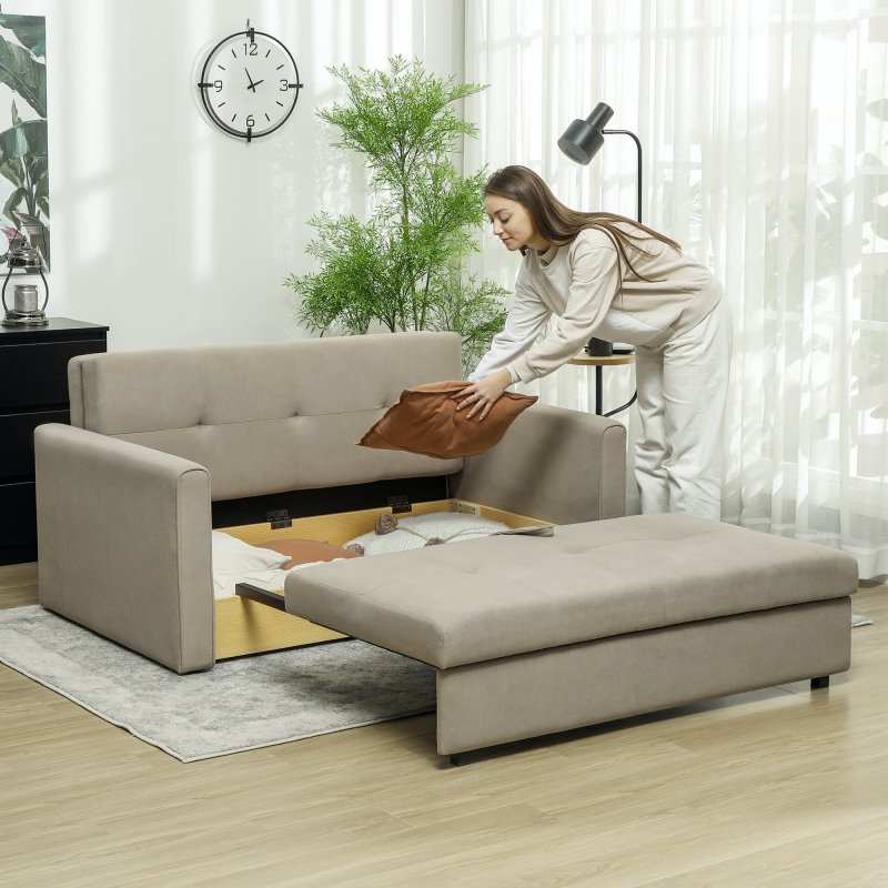 HOMCOM 2 Seater Sofa Bed, Convertible Bed Settee, Modern Velvet Loveseat Sofa Couch with 2 Cushions, Hidden Storage for Living Room, Guest Room, Light Brown