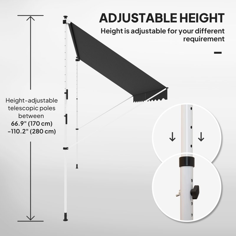 Outsunny Balcony 3 x 1.5m Manual Adjustable Awning, DIY Patio Clamp Awning Canopy, Retractable Shade Shelter Easy to Move for Balcony, Black