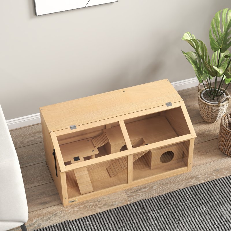 PawHut Wooden Hamster Cage, Gerbil Cage for Syrian Hamster with Exercise Play House, Openable Top 85 x 45 x 44cm - Nature