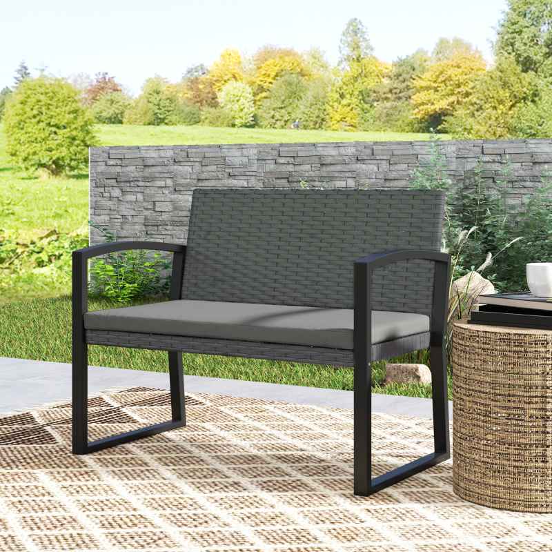 Outsunny 2 Seater Rattan Garden Bench, Outdoor Bench with Cushion, PE Wicker Garden Loveseat with Armrests, Galvanised Steel Frame for Patio, Park, Dark Grey