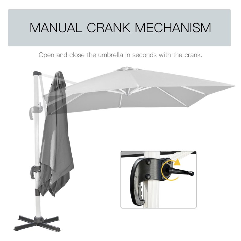 Outsunny 3 x 3(m) Cantilever Roma Parasol, Square Garden Umbrella with Cross Base, Crank Handle, Tilt, 360 Rotation and Aluminium Frame, Grey