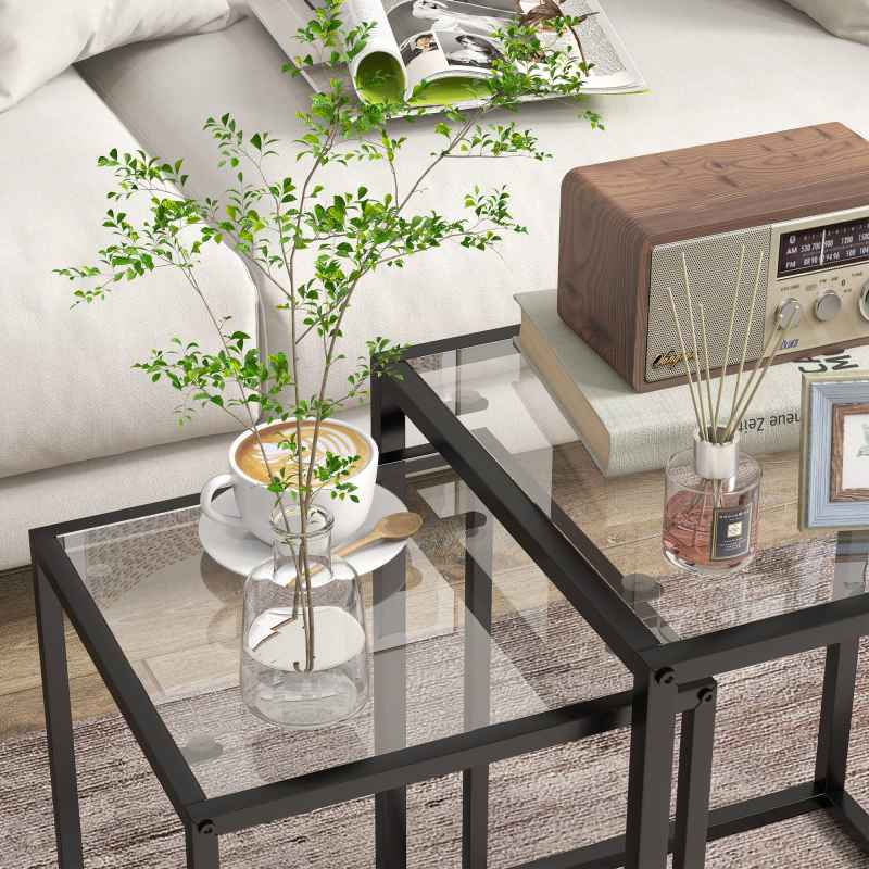 HOMCOM Nesting Tables Set of 2, Side End Table with Tempered Glass Top and Steel Frame for Living Room, Bedroom, Black