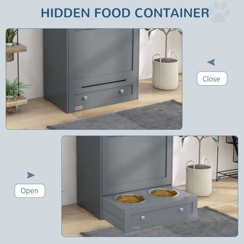 PawHut Pet Feeder Station, Dog Food Storage Container w/ Raised Dog Bowls, Hanger, for Food and Water - Grey