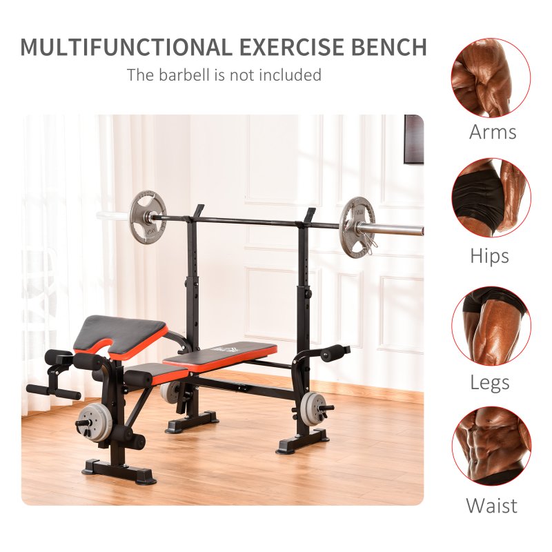 HOMCOM Adjustable Weight Bench with Leg Developer Barbell Rack for Weight Lifting and Strength Training Multifunctional Workout Station for Home Gym Fitness, Red