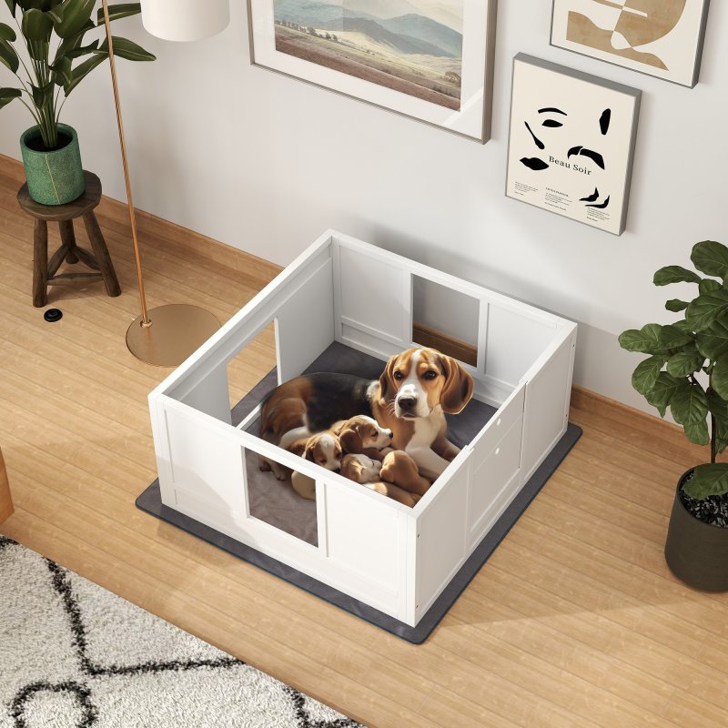 PawHut Whelping Box for Dogs, Dog Whelping Box, Dog Playpen Fence Exercise Play Pen with Water-Resistant Washable Whelping Pad, Adjustable Entrance, Non-Slip Pads, for Medium Dogs, Puppies, 100 x 96cm