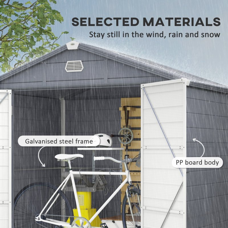 Outsunny 8 x 6ft Plastic Garden Storage Shed with Foundation Kit, Polypropylene Outdoor Storage Tool House with Ventilation Slots and Lockable Door, Grey