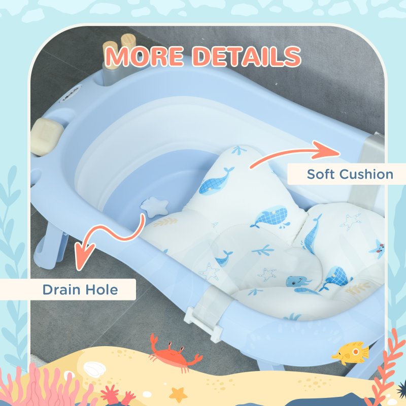 ZONEKIZ Foldable Baby Bath Tub Set, Collapsible Bathtub Antibacterial with Non-Slip Support, Cushion Pad, Shower Head Holder, for Newborn to Toddler Ages 0-6 Years - Blue