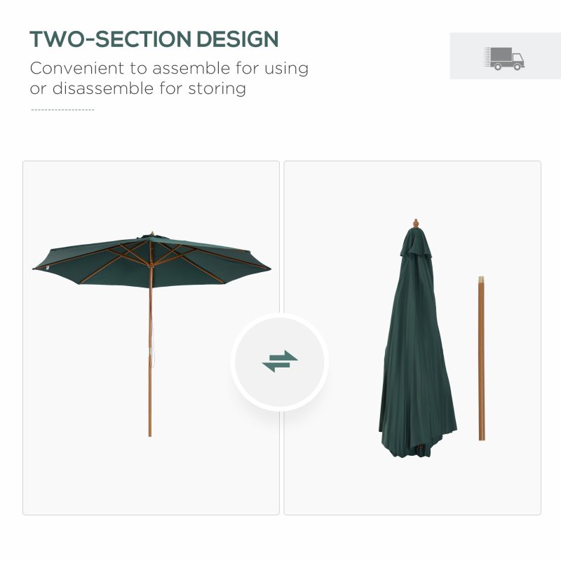 Outsunny 3(m) Garden Parasol, Pulley Operated Patio Umbrella, Wooden Parasol, Table Market Umbrella with Rope Pulley Mechanism and 8 Ribs, Dark Green