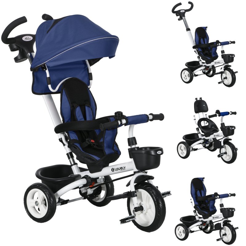 HOMCOM 6 in 1 Trike for Toddler, Baby Push Tricycle Folding Bike with Parent Handle, Reversible Seat, Storage Basket, Canopy, 5-point Safety Harness, for Kids 1-5 Years