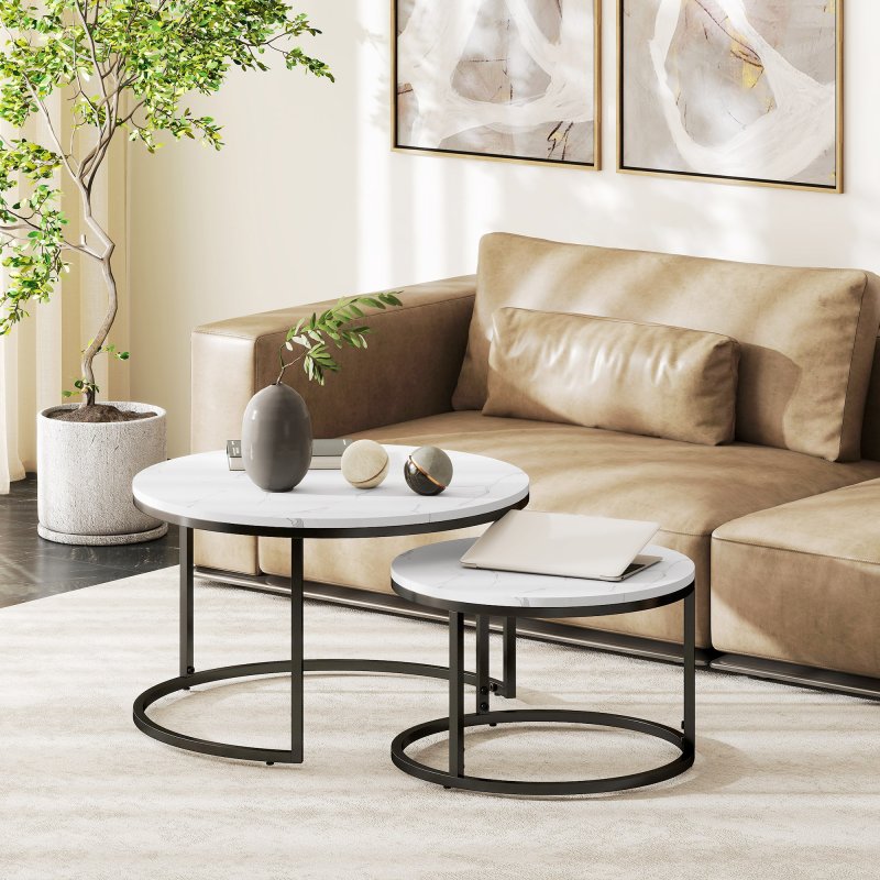 HOMCOM Round Nesting Coffee Table Set of 2, Large Stacking End Side Table with Steel Frame for Living Room, Bedroom, Home Office, 78.5 x 78.5 x 46.5 cm, Marble White